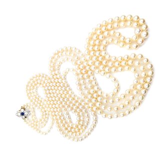 Necklace Opera Length 1.60ctw Round Old Mine Cut Diamonds 1.00ct Sugarloaf Cabochon GIA Unheated Sapphire 14ky 3.5-8mm Pearl Graduated 52" Length 130.14g 225010074