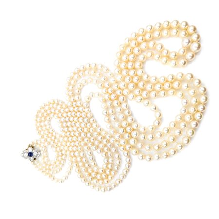 Necklace Opera Length 1.60ctw Round Old Mine Cut Diamonds 1.00ct Sugarloaf Cabochon GIA Unheated Sapphire 14ky 3.5-8mm Pearl Graduated 52" Length 130.14g 225010074