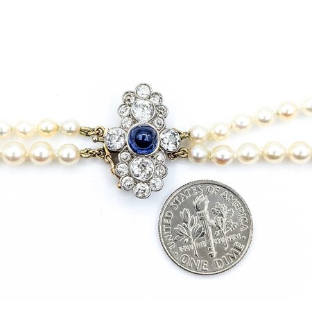 Necklace Opera Length 1.60ctw Round Old Mine Cut Diamonds 1.00ct Sugarloaf Cabochon GIA Unheated Sapphire 14ky 3.5-8mm Pearl Graduated 52" Length 130.14g 225010074