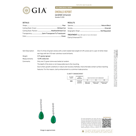 Earrings .67ctw Round Diamonds 6.95ctw Minor Oil Emerald Platinum 35x9mm 7.5g 225030008