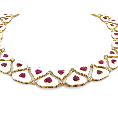 Necklace 4.1ctw Round Diamonds 36.93ctw GIA Burmese Ruby White Enamel 14ky 18" 77.0g 225030026