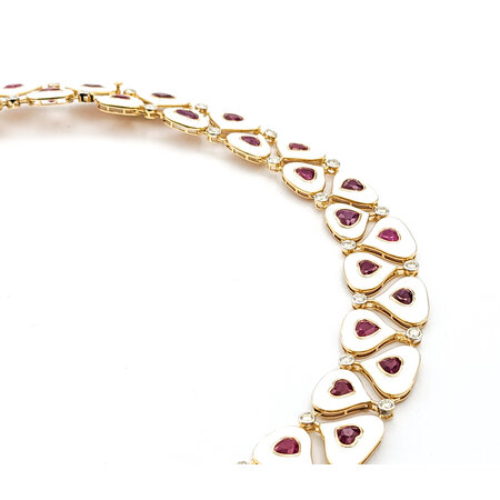 Necklace 4.1ctw Round Diamonds 36.93ctw GIA Burmese Ruby White Enamel 14ky 18" 77.0g 225030026