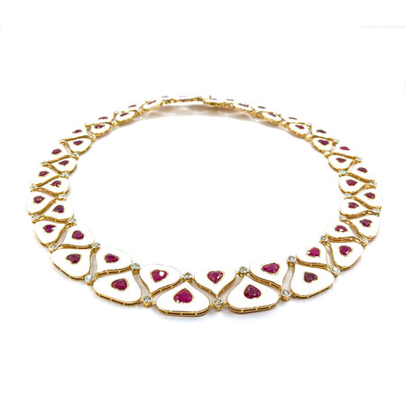 Necklace 4.1ctw Round Diamonds 36.93ctw GIA Burmese Ruby White Enamel 14ky 18" 77.0g 225030026