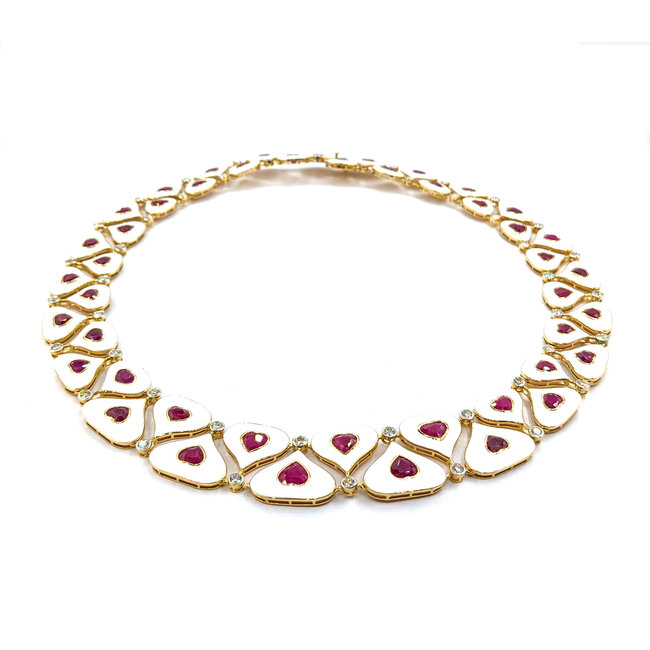 Necklace 4.1ctw Round Diamonds 36.93ctw GIA Burmese Ruby White Enamel 14ky 18" 77.0g 225030026