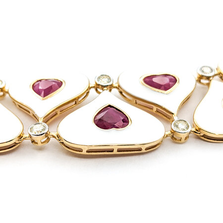 Necklace 4.1ctw Round Diamonds 36.93ctw GIA Burmese Ruby White Enamel 14ky 18" 77.0g 225030026