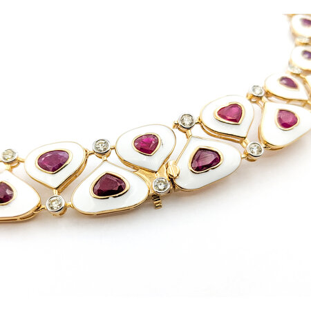 Necklace 4.1ctw Round Diamonds 36.93ctw GIA Burmese Ruby White Enamel 14ky 18" 77.0g 225030026