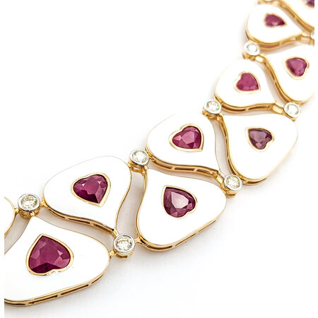 Necklace 4.1ctw Round Diamonds 36.93ctw GIA Burmese Ruby White Enamel 14ky 18" 77.0g 225030026
