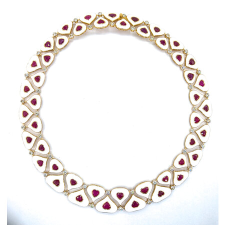 Necklace 4.1ctw Round Diamonds 36.93ctw GIA Burmese Ruby White Enamel 14ky 18" 77.0g 225030026
