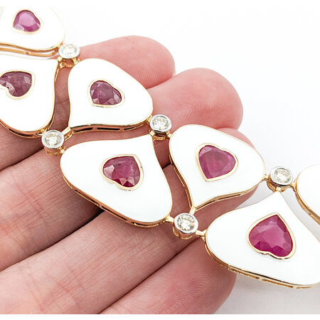 Necklace 4.1ctw Round Diamonds 36.93ctw GIA Burmese Ruby White Enamel 14ky 18" 77.0g 225030026