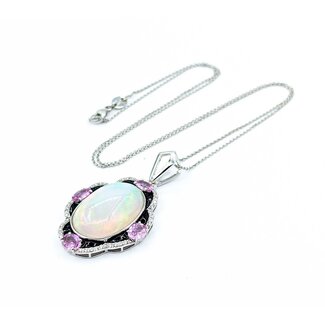 Necklace .28ctw Round Diamonds 9.69ct Opal 1.42ctw Pink Sapphires Platinum 41.5x23.5mm 18" 11.7g 225030011