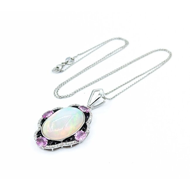 Necklace .28ctw Round Diamonds 9.69ct Opal 1.42ctw Pink Sapphires Platinum 41.5x23.5mm 18" 11.7g 225030011