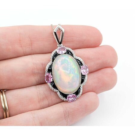 Necklace .28ctw Round Diamonds 9.69ct Opal 1.42ctw Pink Sapphires Platinum 41.5x23.5mm 18" 11.7g 225030011