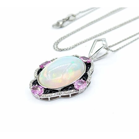 Necklace .28ctw Round Diamonds 9.69ct Opal 1.42ctw Pink Sapphires Platinum 41.5x23.5mm 18" 11.7g 225030011