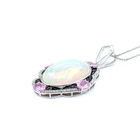 Necklace .28ctw Round Diamonds 9.69ct Opal 1.42ctw Pink Sapphires Platinum 41.5x23.5mm 18" 11.7g 225030011