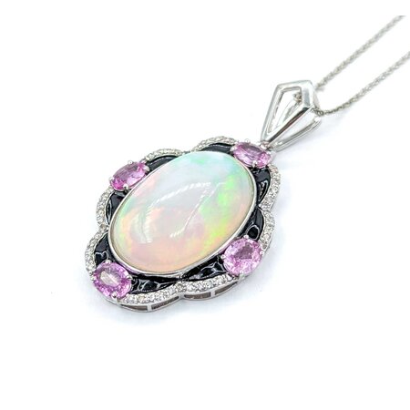 Necklace .28ctw Round Diamonds 9.69ct Opal 1.42ctw Pink Sapphires Platinum 41.5x23.5mm 18" 11.7g 225030011