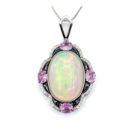 Necklace .28ctw Round Diamonds 9.69ct Opal 1.42ctw Pink Sapphires Platinum 41.5x23.5mm 18" 11.7g 225030011