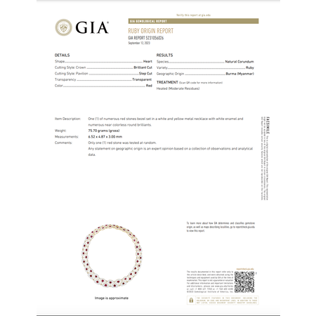 Necklace 4.1ctw Round Diamonds 36.93ctw GIA Burmese Ruby White Enamel 14ky 18" 77.0g 225030026