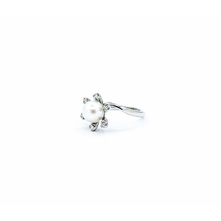 Ring Vintage Mid-Century Engraved .10ctw Single Cut Diamonds 7mm Pearl 14kw sz4.25 124110750