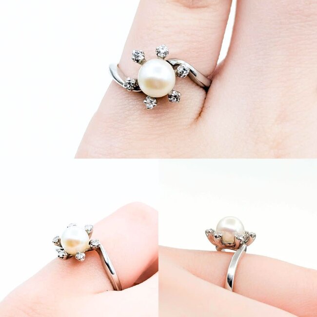 Ring Vintage Mid-Century Engraved .10ctw Single Cut Diamonds 7mm Pearl 14kw sz4.25 124110750