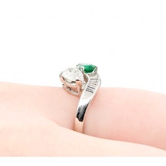 Ring Pear Shape Bi-Pass .84ctw Pear & Baguette Diamonds .50ct Emerald 900pt Sz6 6.05g 125030015