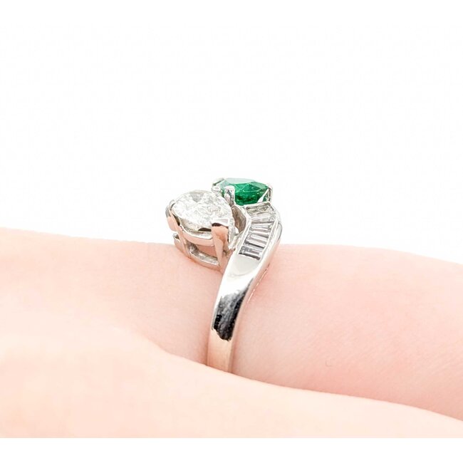 Ring Pear Shape Bi-Pass .84ctw Pear & Baguette Diamonds .50ct Emerald 900pt Sz6 6.05g 125030015