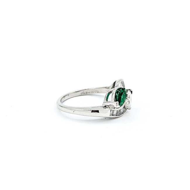Ring Pear Shape Bi-Pass .84ctw Pear & Baguette Diamonds .50ct Emerald 900pt Sz6 6.05g 125030015