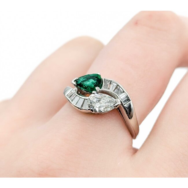 Ring Pear Shape Bi-Pass .84ctw Pear & Baguette Diamonds .50ct Emerald 900pt Sz6 6.05g 125030015