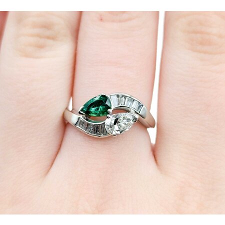 Ring Pear Shape Bi-Pass .84ctw Pear & Baguette Diamonds .50ct Emerald 900pt Sz6 6.05g 125030015
