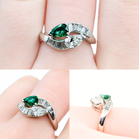 Ring Pear Shape Bi-Pass .84ctw Pear & Baguette Diamonds .50ct Emerald 900pt Sz6 6.05g 125030015