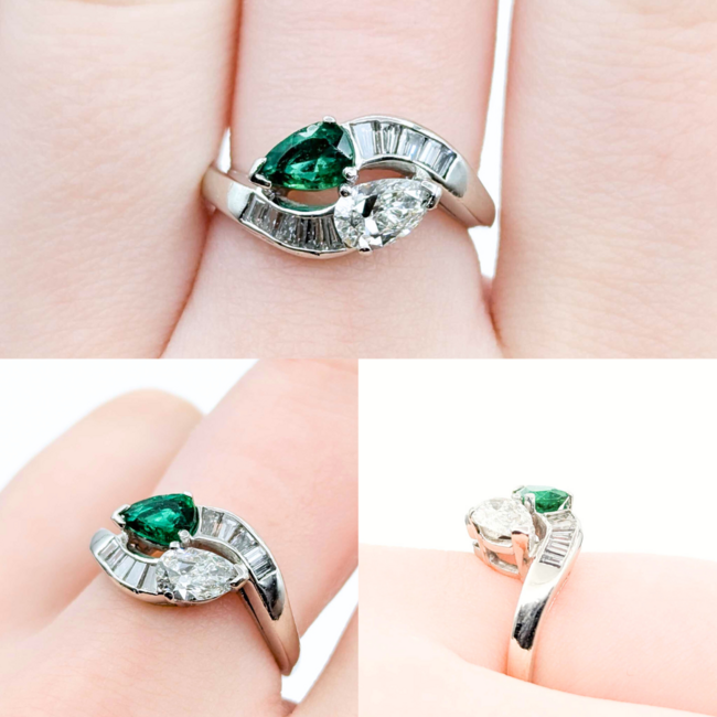 Ring Pear Shape Bi-Pass .84ctw Pear & Baguette Diamonds .50ct Emerald 900pt Sz6 6.05g 125030015