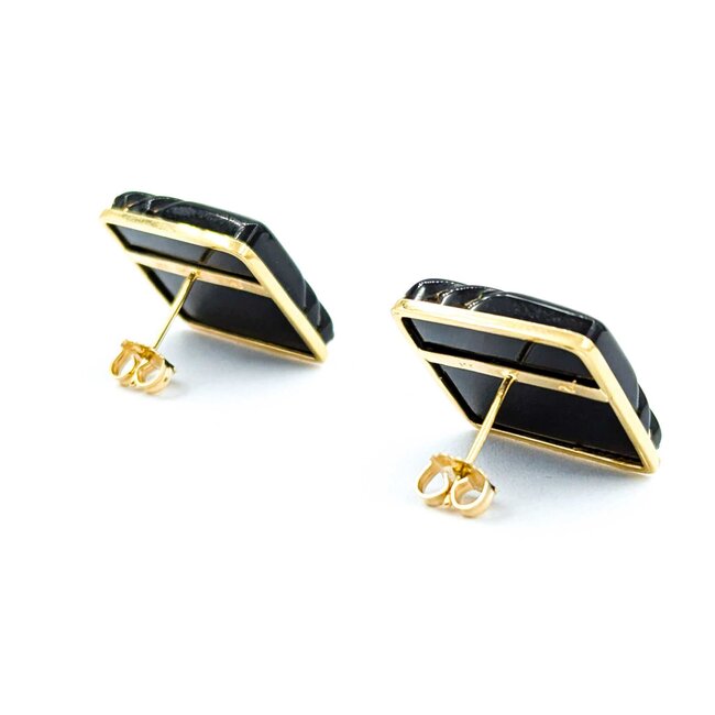 Earrings Square Inlaid Onyx 14ky 18mm 8.49g 225030119