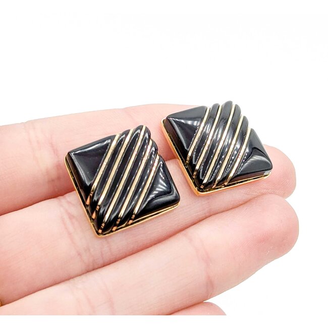 Earrings Square Inlaid Onyx 14ky 18mm 8.49g 225030119