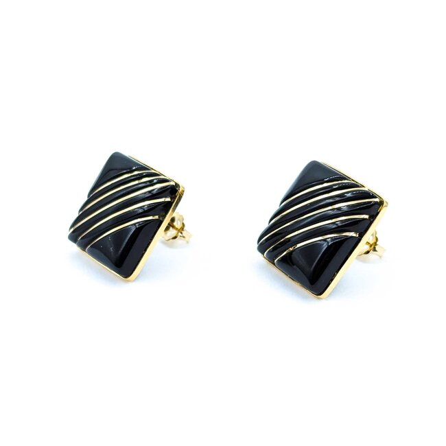 Earrings Square Inlaid Onyx 14ky 18mm 8.49g 225030119