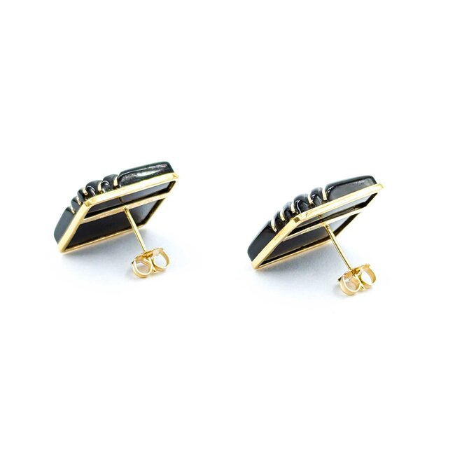 Earrings Square Inlaid Onyx 14ky 18mm 8.49g 225030119