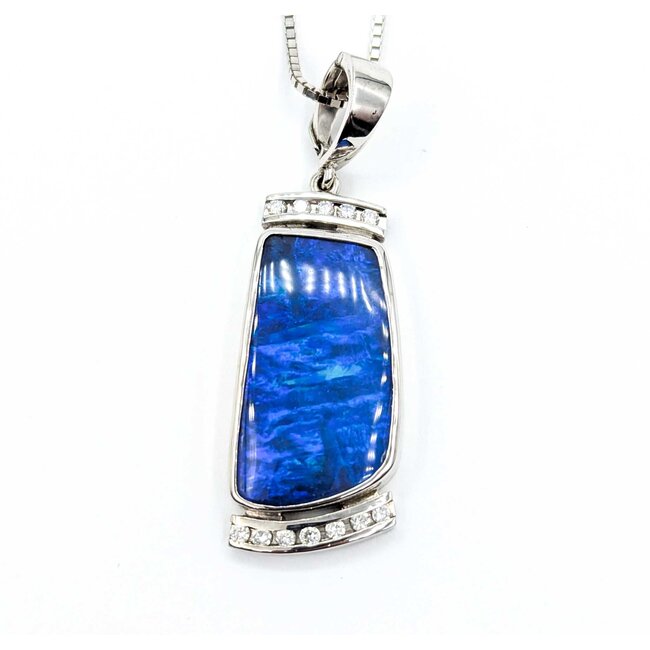 Pendant W/Chain .30ctw Round Diamonds 30x16mm Austrailian Boulder Opal 18kw/14kw Chain 55x18mm 20" 22.6g 225030059
