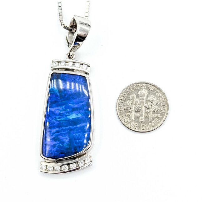 Pendant W/Chain .30ctw Round Diamonds 30x16mm Austrailian Boulder Opal 18kw/14kw Chain 55x18mm 20" 22.6g 225030059