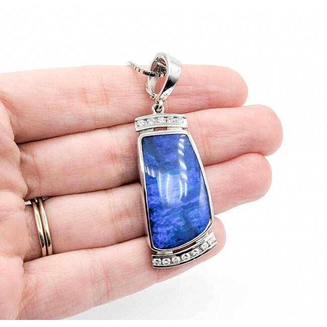 Pendant W/Chain .30ctw Round Diamonds 30x16mm Austrailian Boulder Opal 18kw/14kw Chain 55x18mm 20" 22.6g 225030059