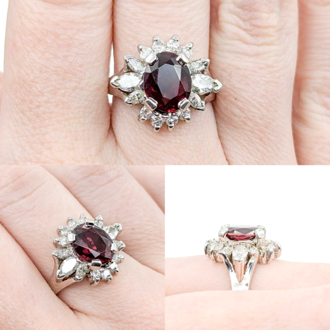 Ring Cocktail 1.00ctw Round & Marquise Diamonds 3.00ctw Garnet 14ky 20x16.5mm Sz7.5 7.15g 225030138