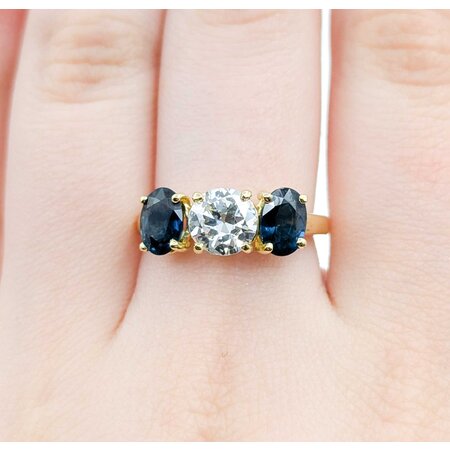 Ring 3 Stone 1.00ct Old Euro Diamond 1.90ctw Sapphire 18ky sz7 224100002