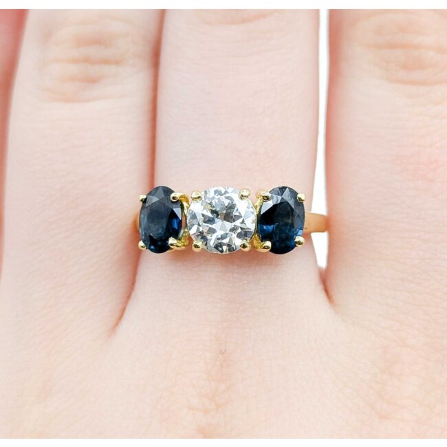 Ring 3 Stone 1.00ct Old Euro Diamond 1.90ctw Sapphire 18ky sz7 224100002