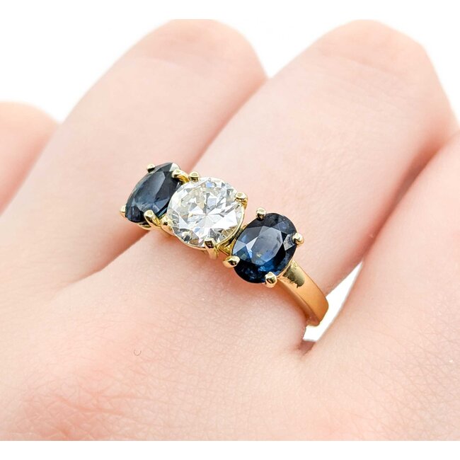 Ring 3 Stone 1.00ct Old Euro Diamond 1.90ctw Sapphire 18ky sz7 224100002