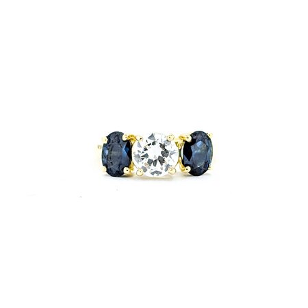Ring 3 Stone 1.00ct Old Euro Diamond 1.90ctw Sapphire 18ky sz7 224100002