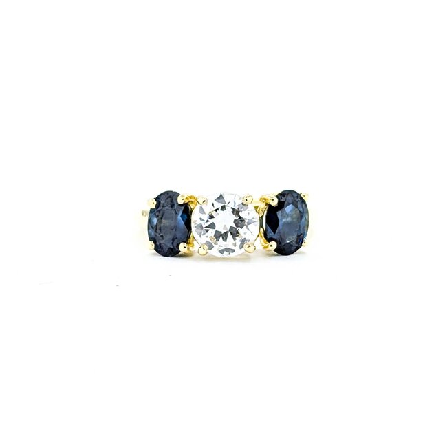 Ring 3 Stone 1.00ct Old Euro Diamond 1.90ctw Sapphire 18ky sz7 224100002