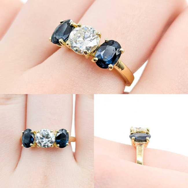 Ring 3 Stone 1.00ct Old Euro Diamond 1.90ctw Sapphire 18ky sz7 224100002