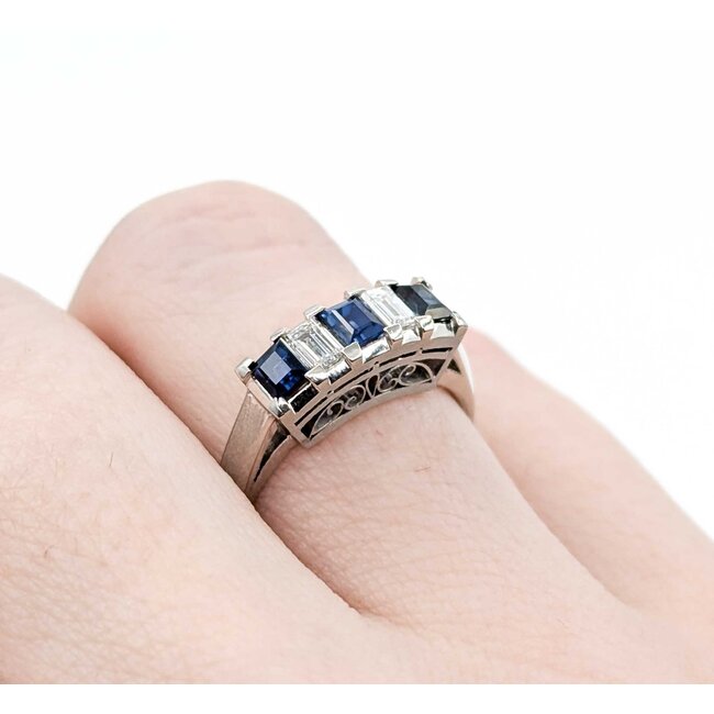 Ring 5-Stone 0.23ctw Baguette Diamonds .65ct Blue Sapphire 900pt 4.7mm sz6 5.07g 125030059