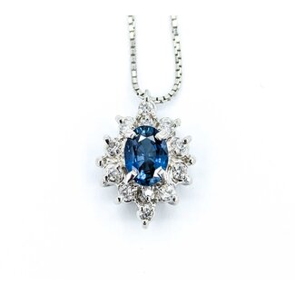Necklace Halo .30ctw Round Diamonds 1.04ct Blue Sapphire 900pt .8mm 16" 6.49g 125030103