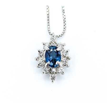 Necklace Halo .30ctw Round Diamonds 1.04ct Blue Sapphire 900pt .8mm 16" 6.49g 125030103
