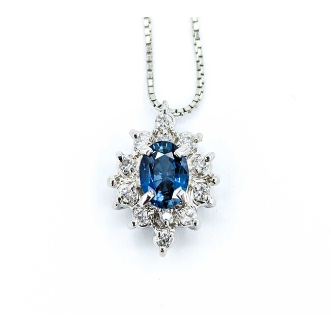 Necklace Halo .30ctw Round Diamonds 1.04ct Blue Sapphire 900pt .8mm 16" 6.49g 125030103