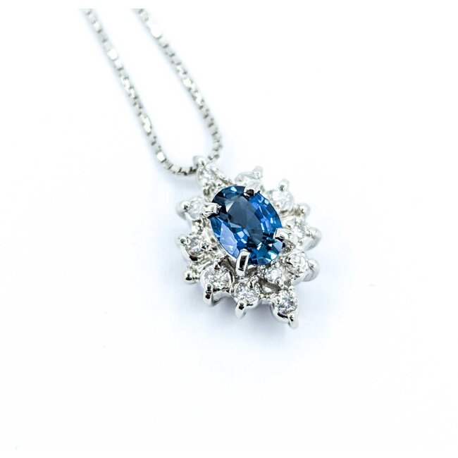 Necklace Halo .30ctw Round Diamonds 1.04ct Blue Sapphire 900pt .8mm 16" 6.49g 125030103