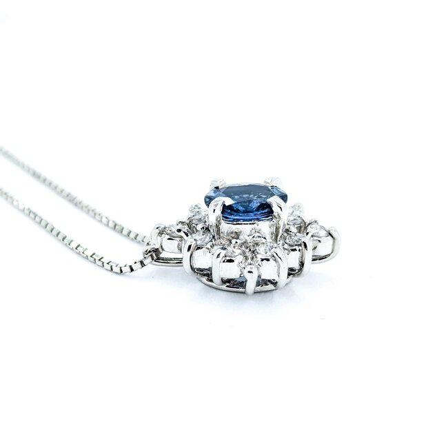 Necklace Halo .30ctw Round Diamonds 1.04ct Blue Sapphire 900pt .8mm 16" 6.49g 125030103